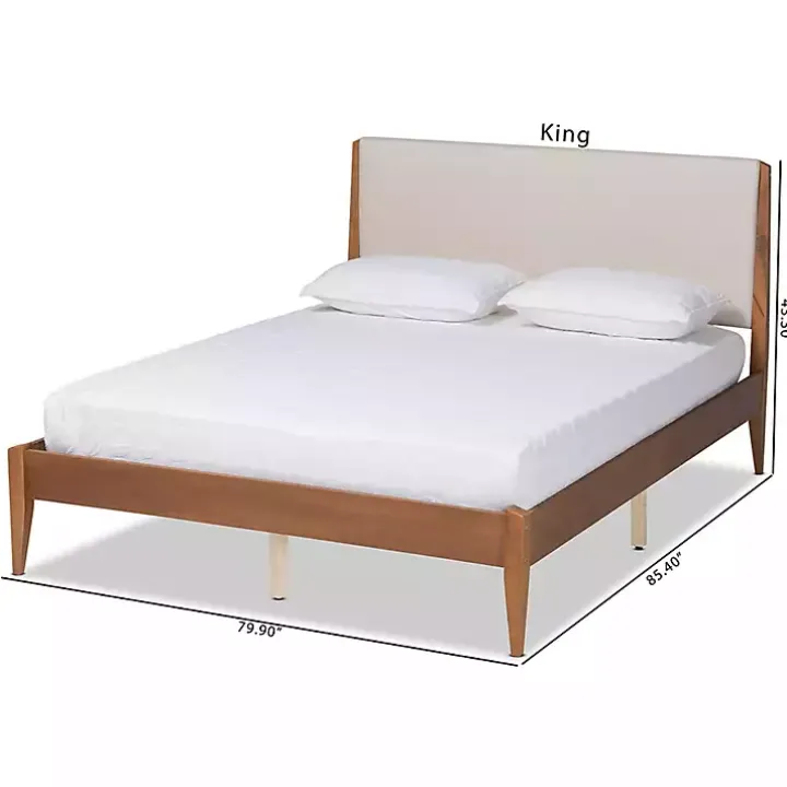 Tan Upholstered Brown Wood King Platform Bed