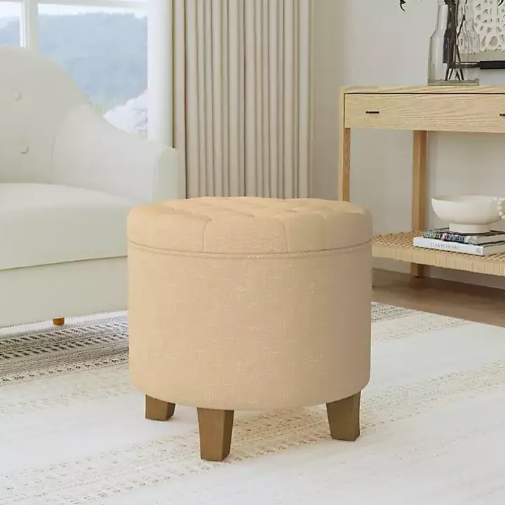 Tan Woven Upholstered Tufted Storage Ottoman