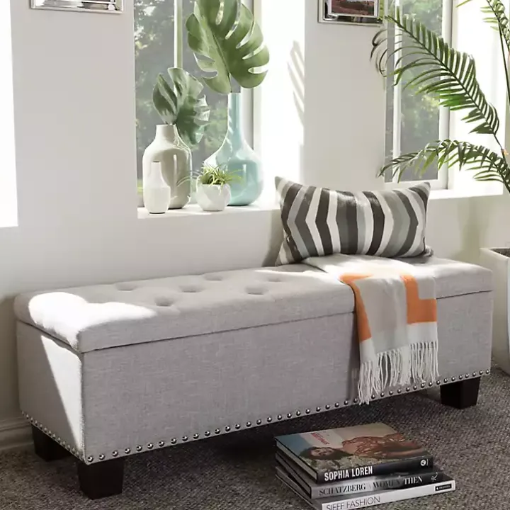 Taupe Button-Tufted Upholstered Storage Bench