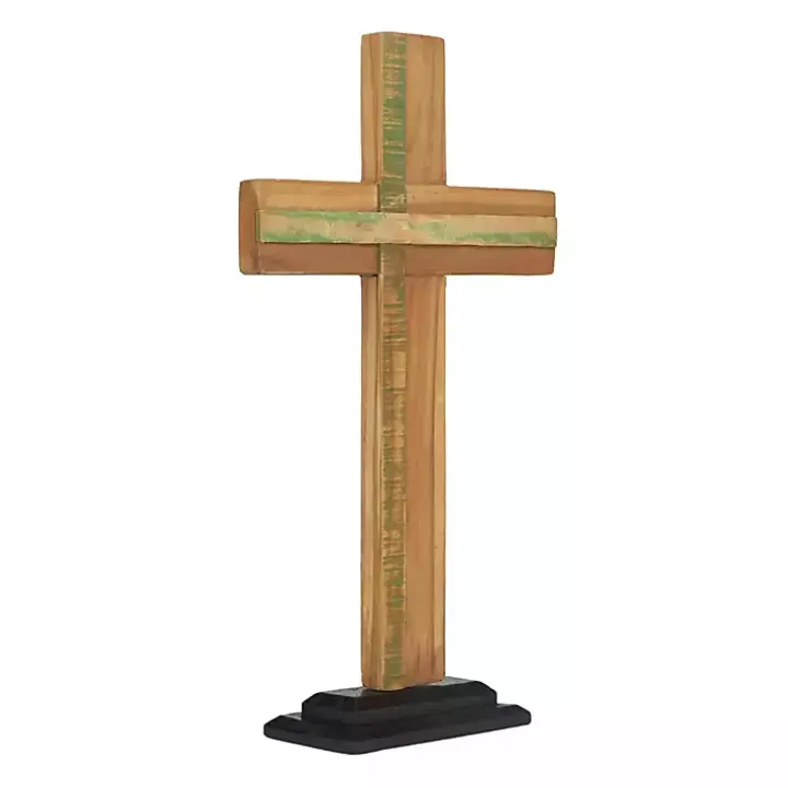 Teak Wood Cross Tabletop Sculpture