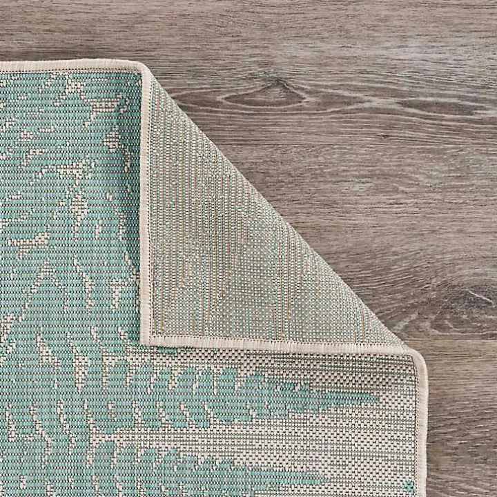 Teal and Tan Falling Ferns Outdoor Area Rug, 5x7