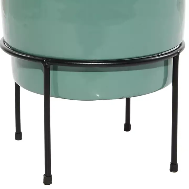 Teal Metal Round Planters with Stands, Set of 3