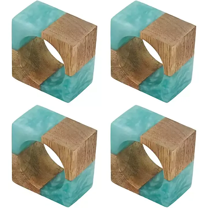 Teal Wood and Resin Square Napkin Rings, Set of 4