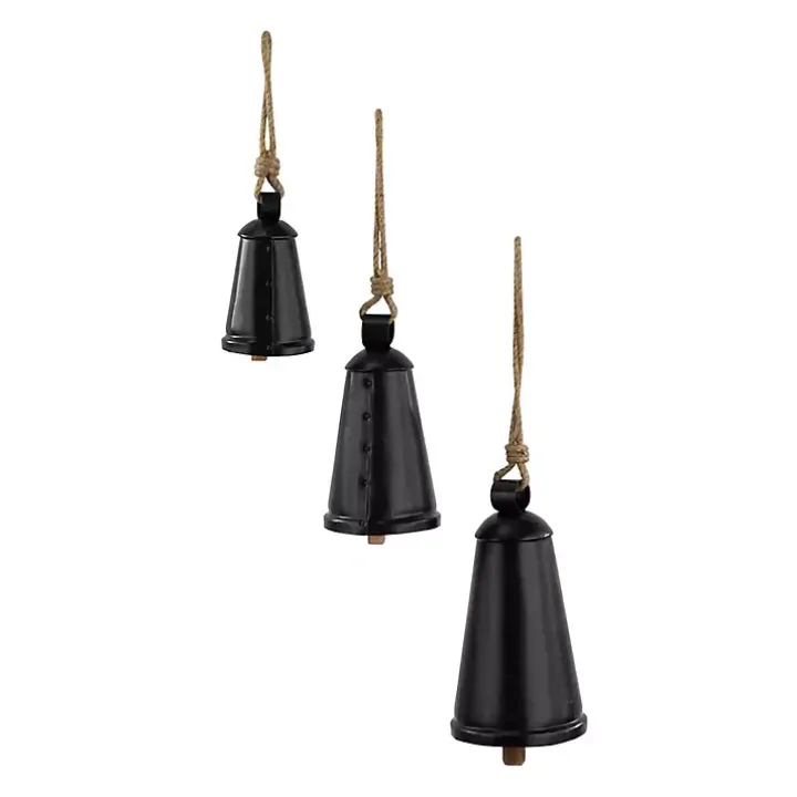 Triangular Black Iron Hanging Bells, Set of 3