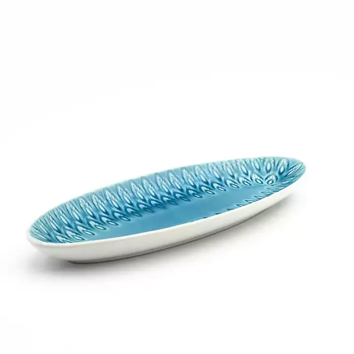 Turquoise Peacock Reactive Print Oval Platter