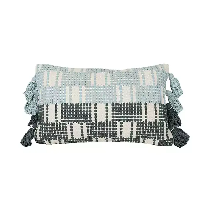 Turquoise Plaid Tassel Lumbar Pillow