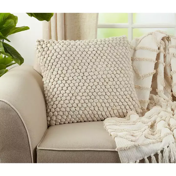 Vanilla Crochet Pom Pom Cotton Throw Pillow