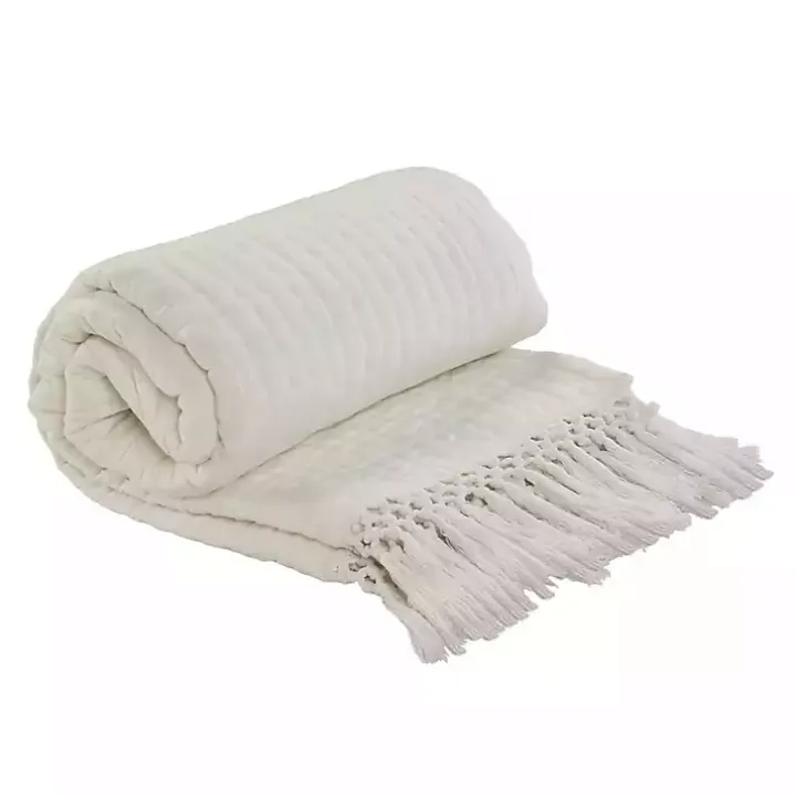 Vintage Ivory Cotton Fringe Throw