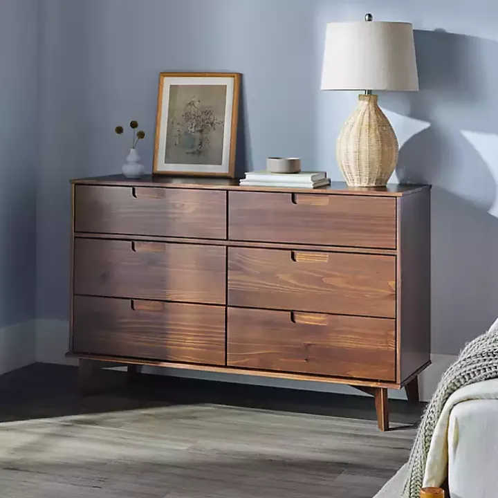 Walnut Grooved Handle 6-Drawer Dresser