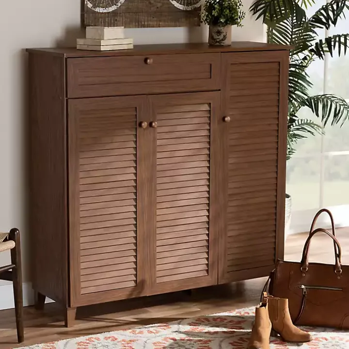 Walnut Wood 11-Shelf Paneled Shoe Cabinet