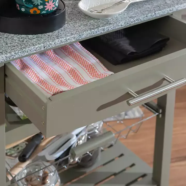 Warm Gray Rolling Kitchen Cart with Granite Top