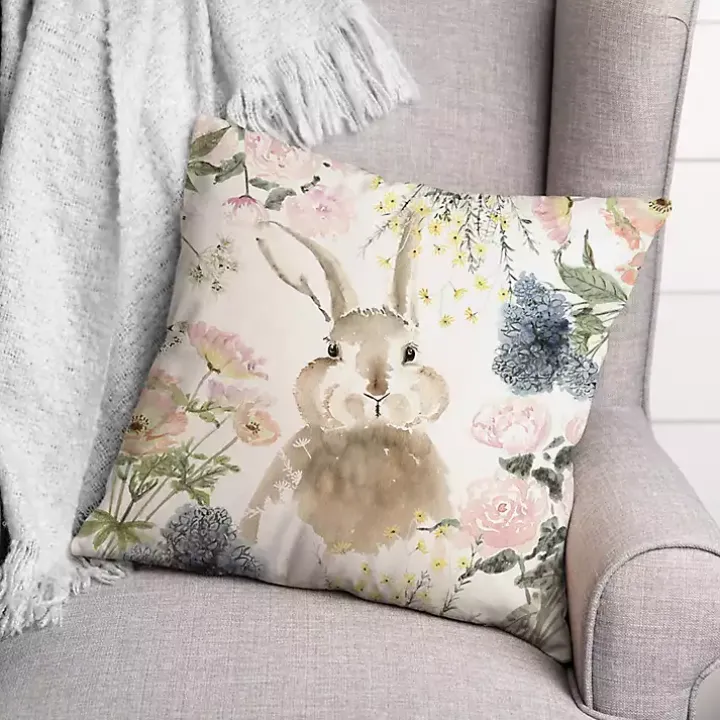 Watercolor Bunny and Flowers Pillow