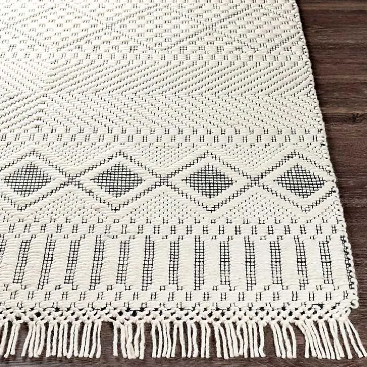 White and Black Diamond Tassel Wool Area Rug, 5x7