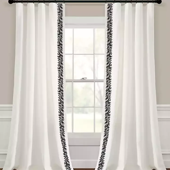 White and Black Embroidered Curtain Panel, 84 in.