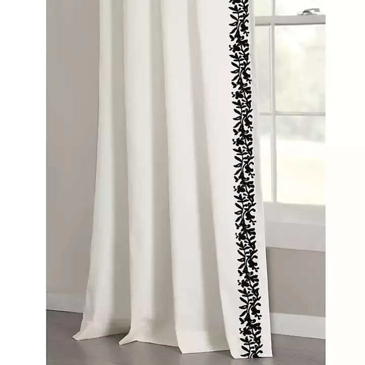 White and Black Embroidered Curtain Panel, 84 in.
