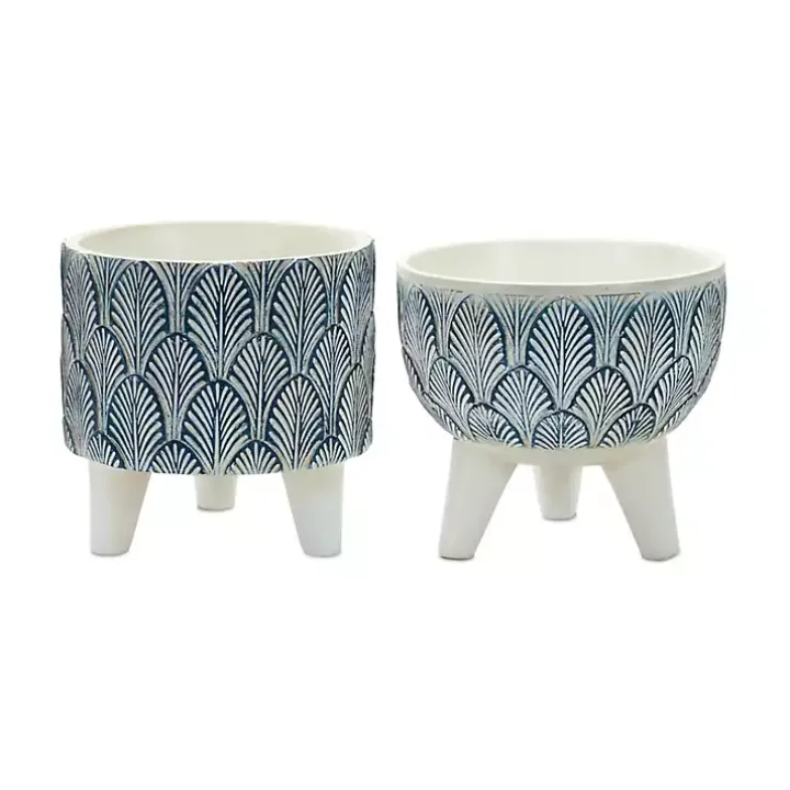 White and Blue Geometric Pots with Legs, Set of 2