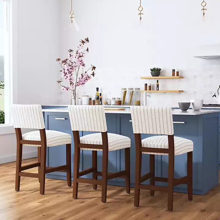 White and Blue Striped Dark Walnut Counter Stool