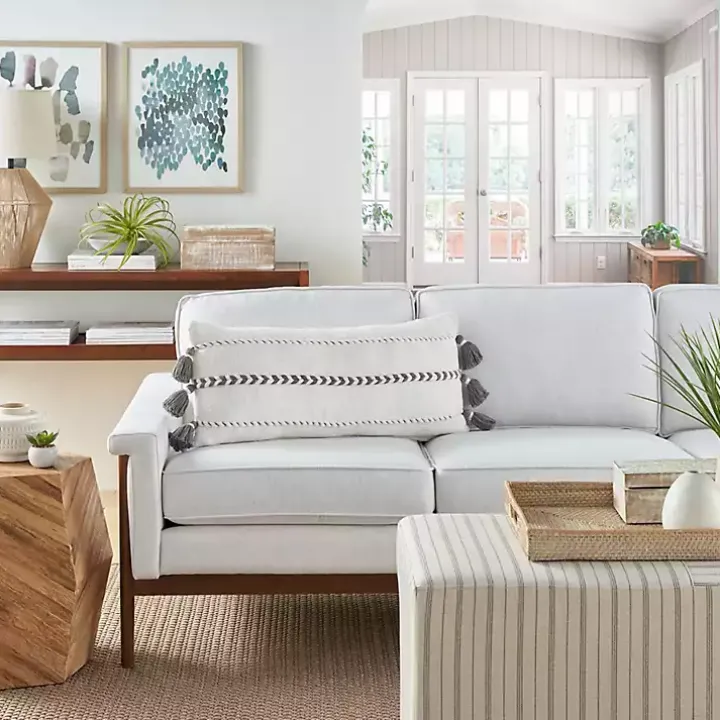 White and Gray Braided Stripe Lumbar Pillow
