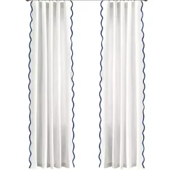 White and Navy Scalloped Curtain Panel Set, 84 in.