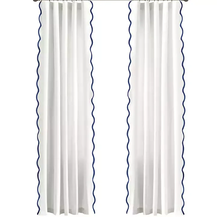 White and Navy Scalloped Curtain Panel Set, 84 in.