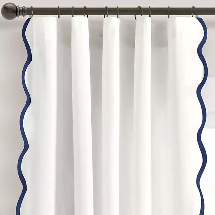 White and Navy Scalloped Curtain Panel Set, 84 in.