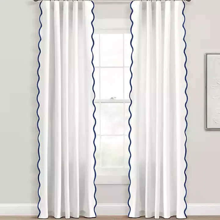 White and Navy Scalloped Curtain Panel Set, 84 in.