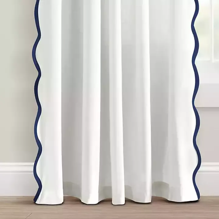 White and Navy Scalloped Curtain Panel Set, 84 in.