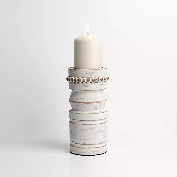 White Beaded Wood Pillar Candle Holder, 8 in.