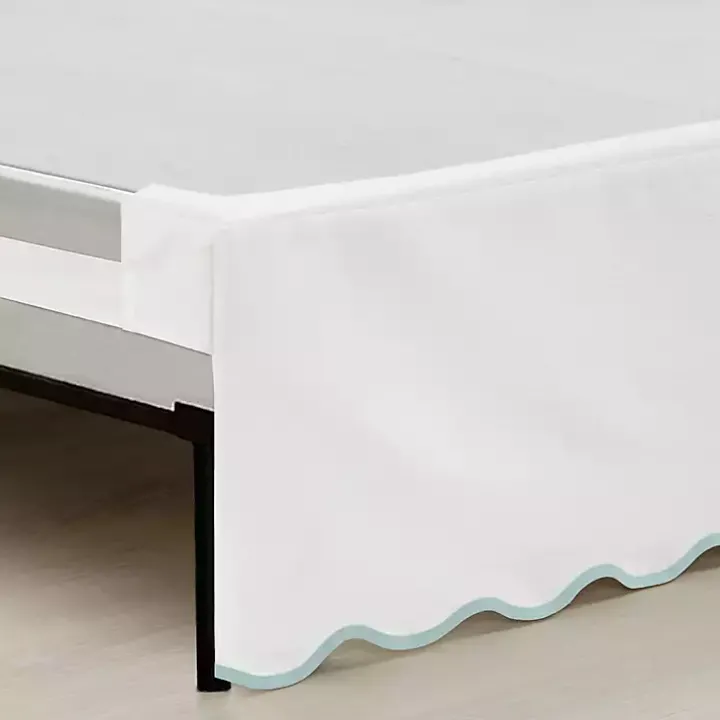 White Blue Scalloped Coastal Queen Bed Skirt