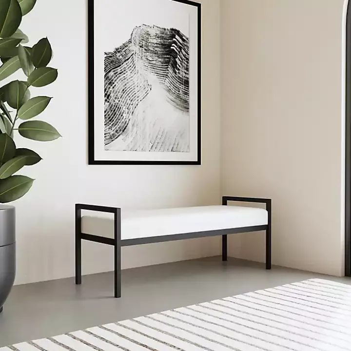White Boucle Black Metal Bench