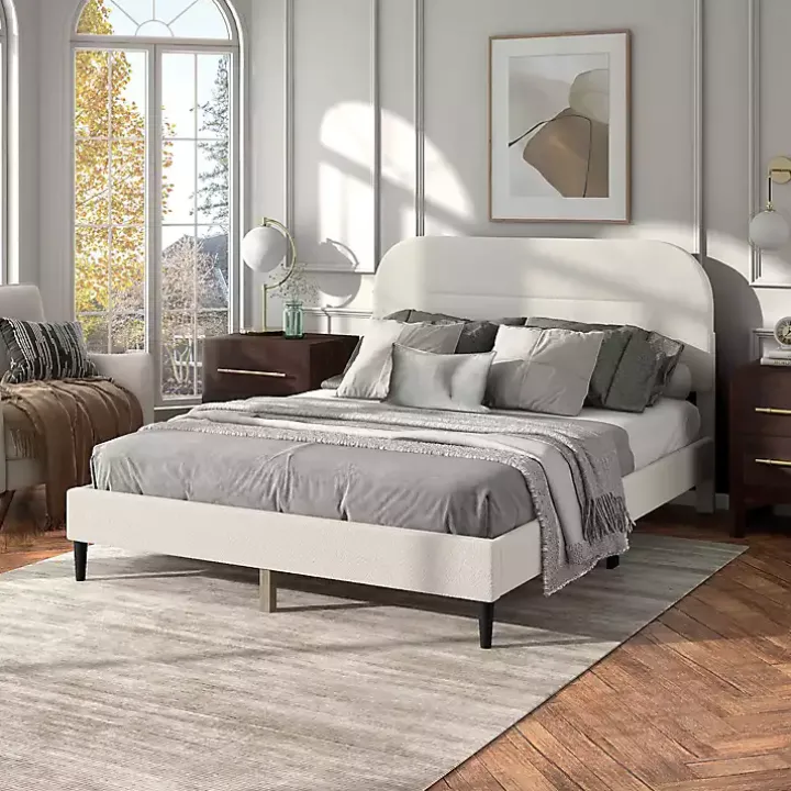 White Boucle Upholstered Sara Queen Bed
