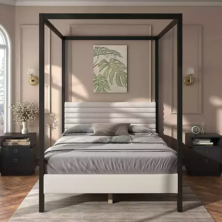 White Boucle Upholstered Black Canopy Queen Bed