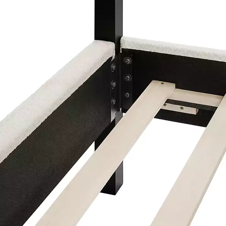 White Boucle Upholstered Black Canopy Queen Bed