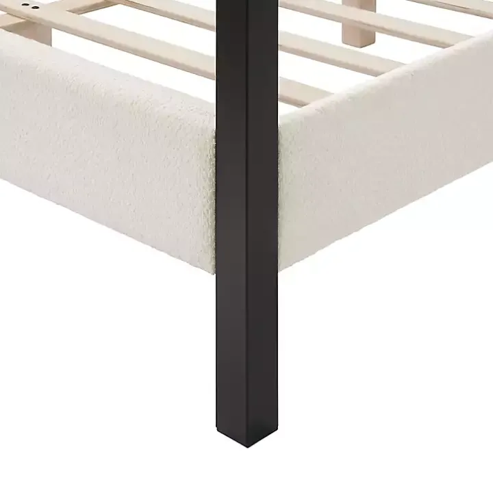 White Boucle Upholstered Black Canopy Queen Bed