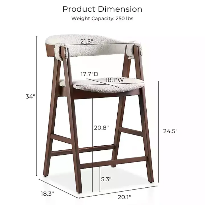 White Boucle Wood Penny Counter Stools, Set of 2