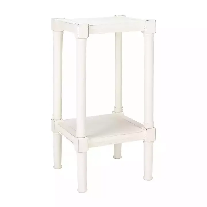 White Carved Pinewood Farmhouse Accent Table