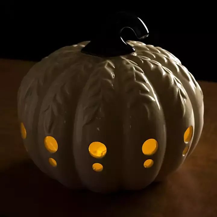 White Ceramic Leaf Pre-Lit Pumpkin Lantern