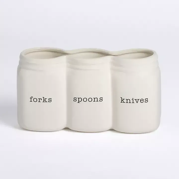White Ceramic 3-Section Mason Jar Utensil Holder