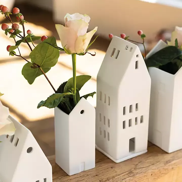 White Ceramic Village House Vase, 6 in.