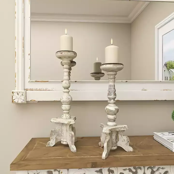 White Chipped Wood Pillar Candle Holders, Set of 2