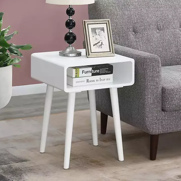 White Curved Edge Open Shelf Accent Table