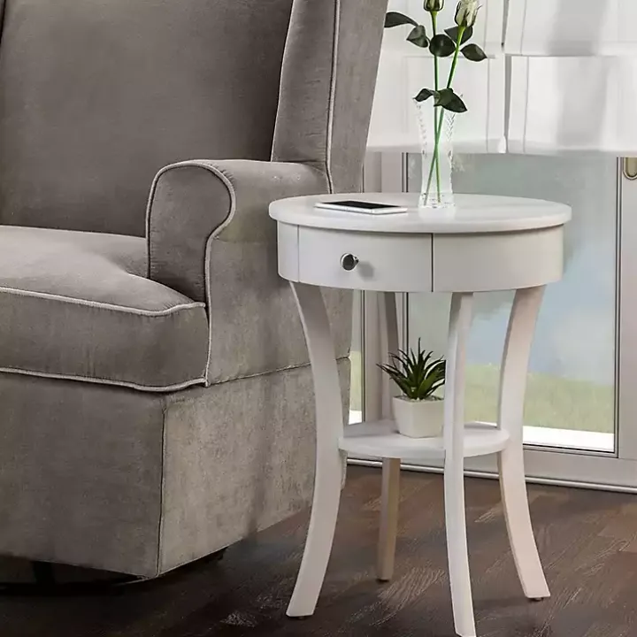 White Curved Legs Round Drawer Accent Table