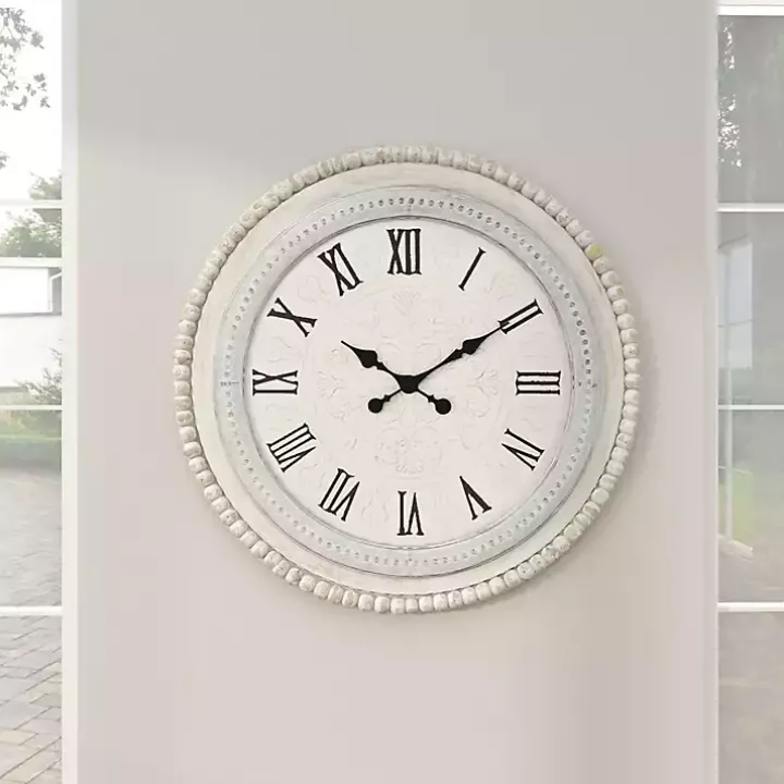 White Distressed Wood Round Beaded Wall Clock