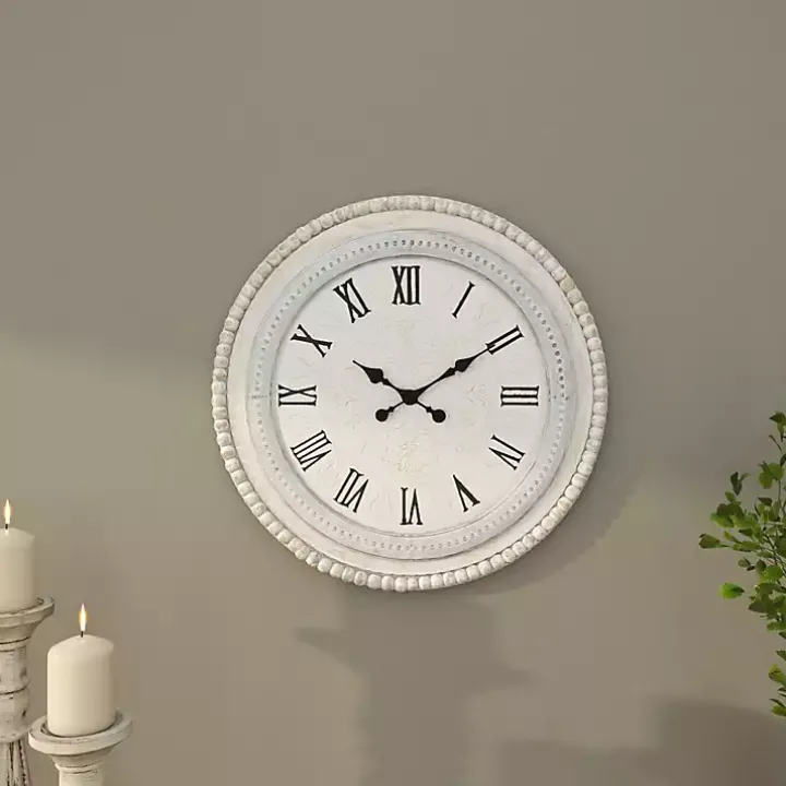 White Distressed Wood Round Beaded Wall Clock