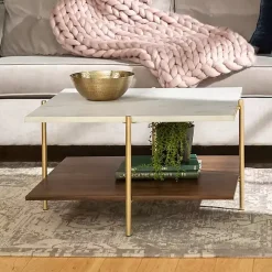 White Faux Marble and Brown Wood Coffee Table