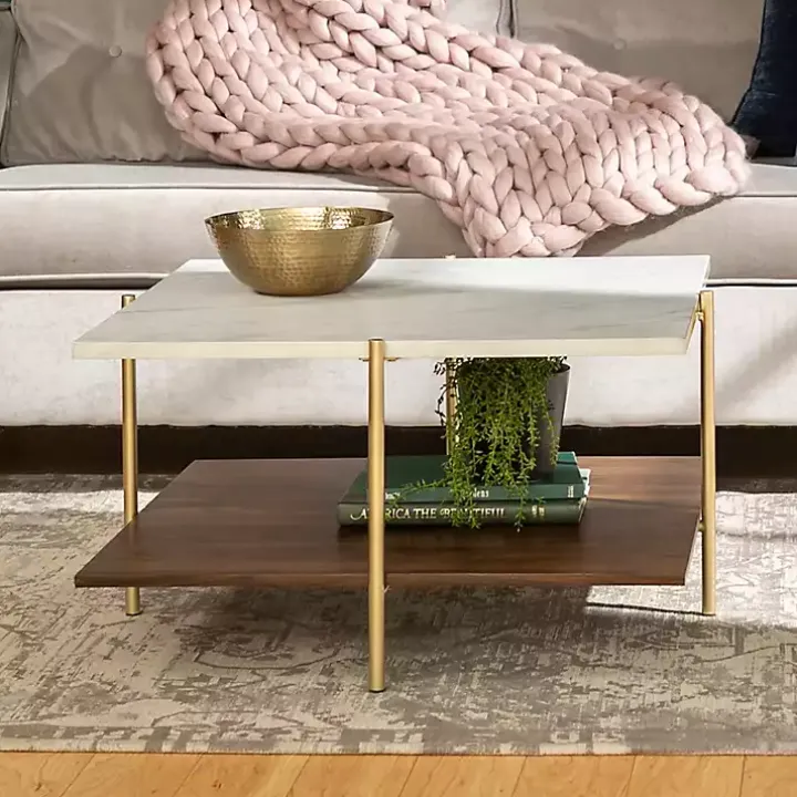 White Faux Marble and Brown Wood Coffee Table