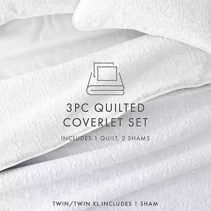 White Floral Stitch 3-pc. King Quilt Set