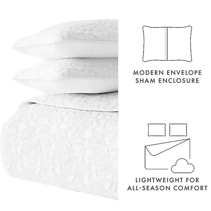 White Floral Stitch 3-pc. Queen Quilt Set