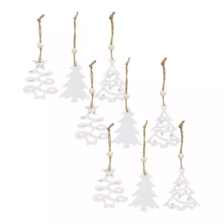 White Glitter Trees Christmas Ornaments, Set of 9