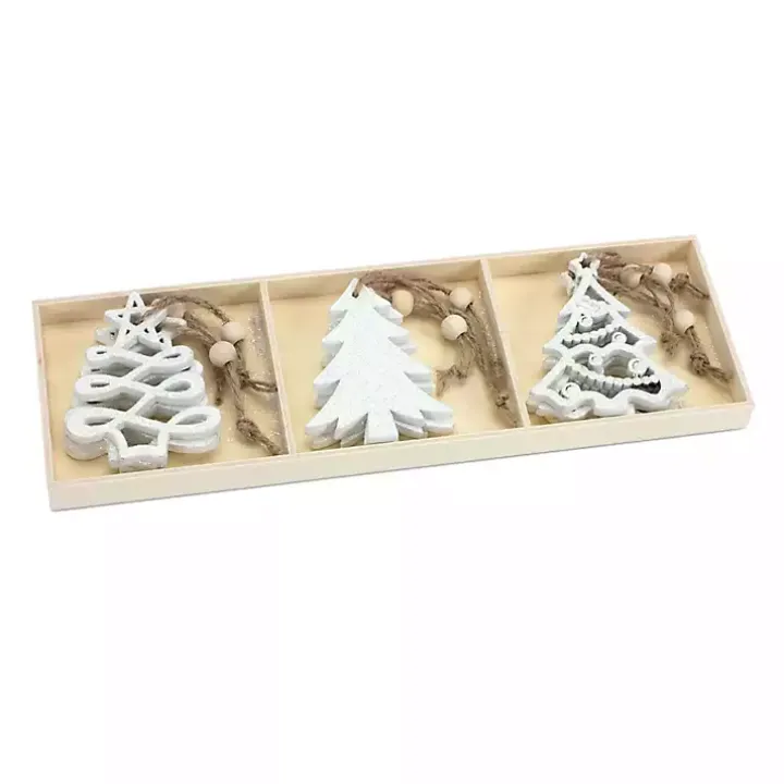 White Glitter Trees Christmas Ornaments, Set of 9